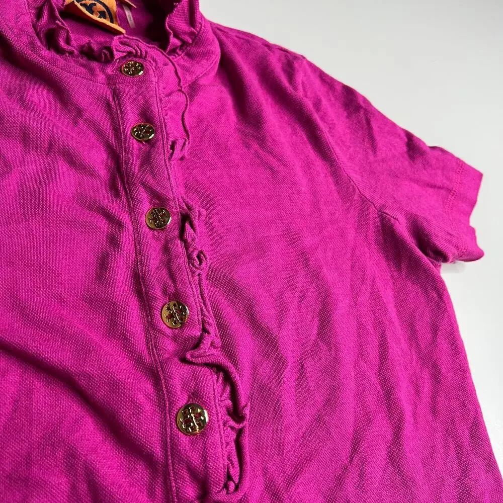 Tory‎ Burch Womens Polo Shirt Small Pink Ruffle Button Placket Pima Cotton Blend